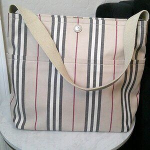Burberry Beige Canvas Stripe Tote with Black and Red Accents